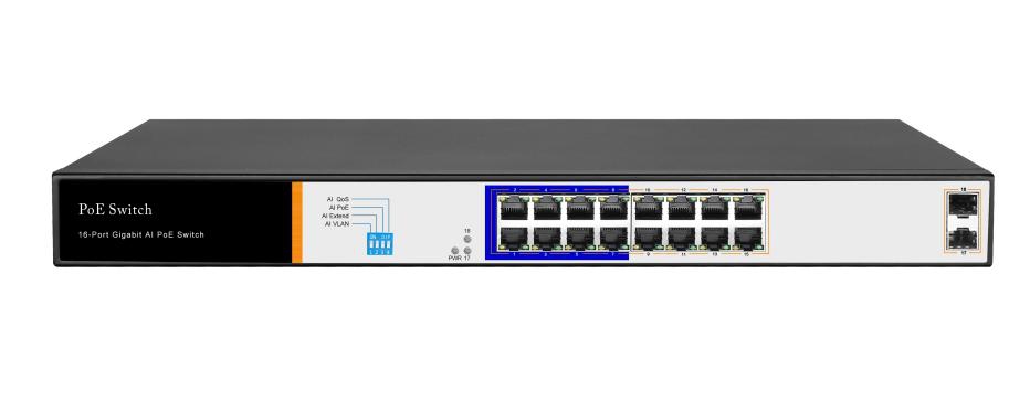 LIONBEAM - Network Switch 16 Port POE Gigabit 250W + 2SFP Uplink Ports