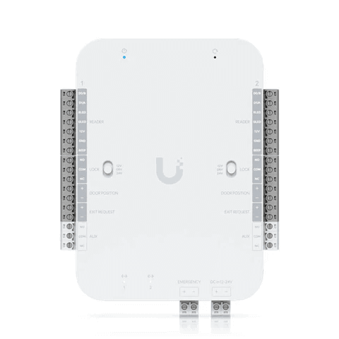 Ubiquiti - DC-powered hub that supports Wiegand and OSDP readers and provides entry and exit control for up to two doors.