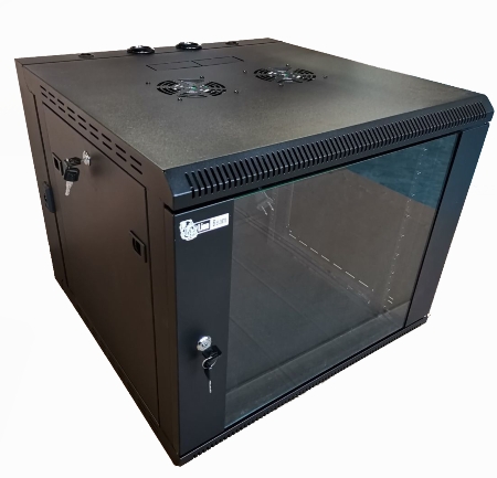 LIONBEAM - Cabinet 12 U with glass door,2 Fans,lockable side panles, Screw holes,4 vertical movable rails WIth removable back