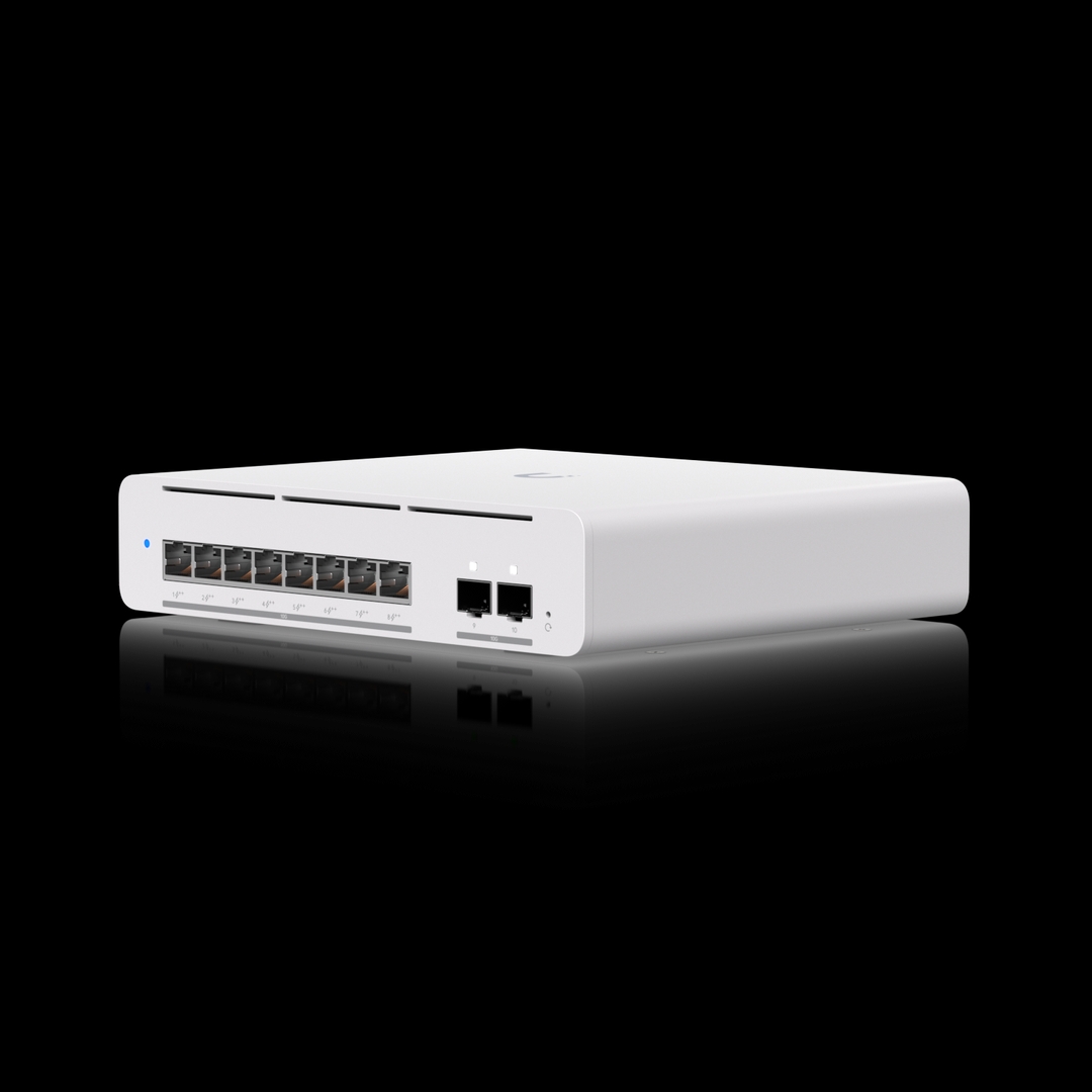 Ubiquiti - Compact desktop/wall-mountable, professional-grade 8-port, Layer 3 EtherlightingT PoE++ switch with (8) 10 GbE and (2) 10G SFP+ ports.